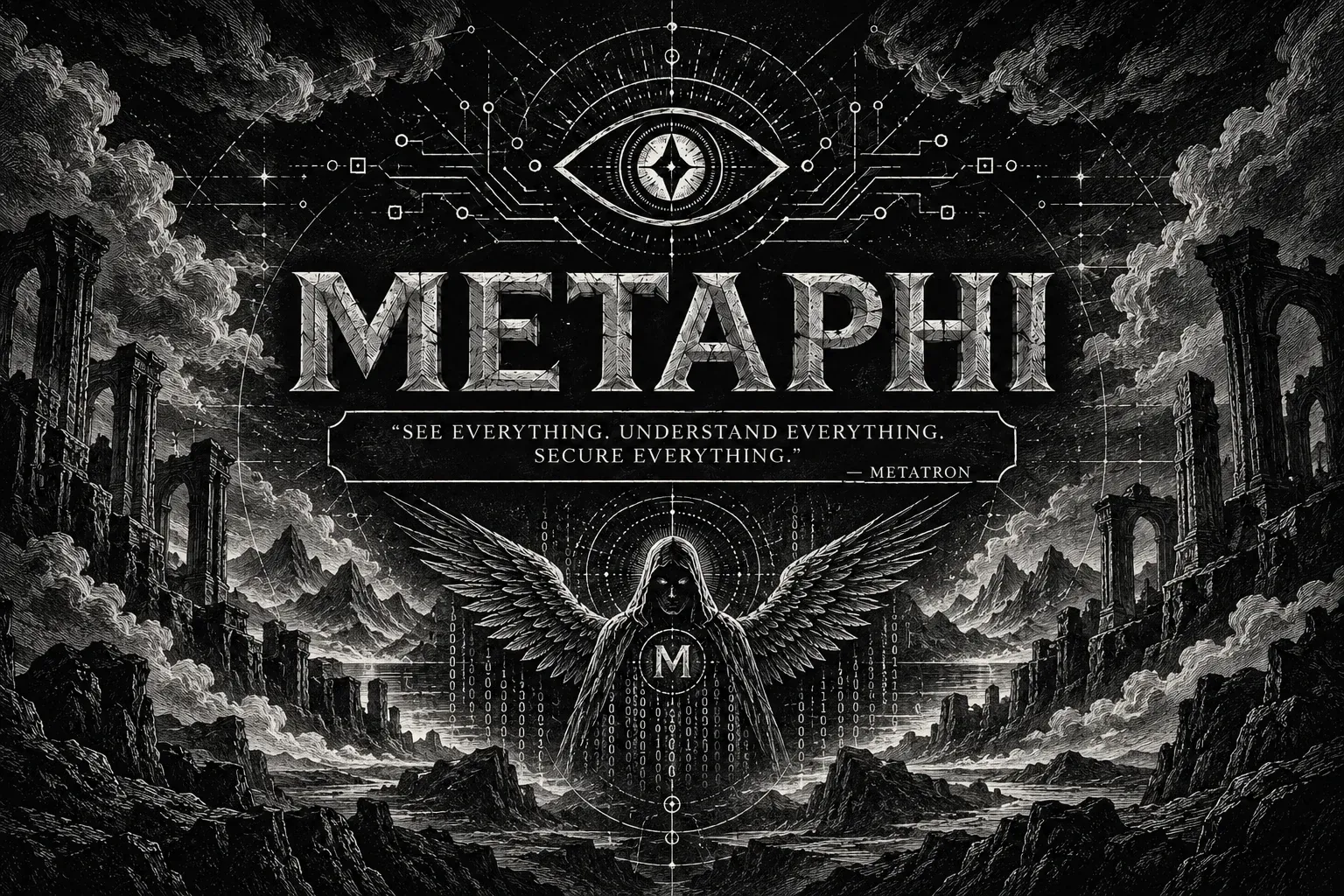 Black-and-white illustration: the METAPHI name beneath an eye surrounded by circuits, the quote “See everything. Understand everything. Secure everything.” attributed to Metatron, and a hooded angel with an M on its chest among ruins and mountains